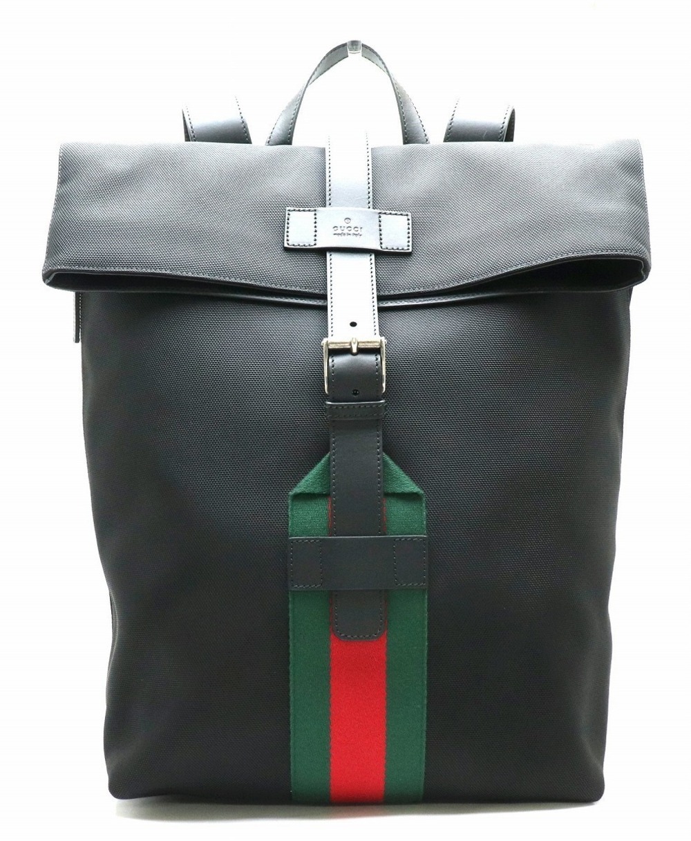 Gucci Band Black Techno Canvas Backpack Rucksack Leather Green Red